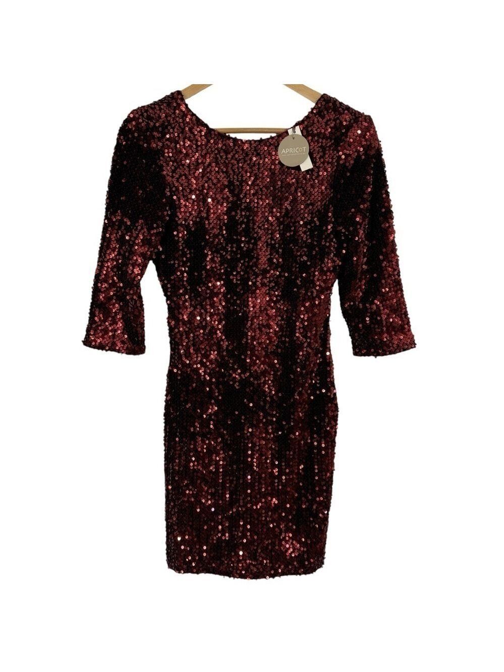 Apricot Sequin Bodycon Party Dress Sz S Red Burgundy Half Sleeve Cocktail NWT